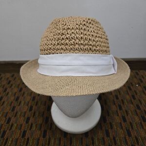 Steve Madden Straw Fedora Hat Tan Natural Woven With White Band One Size